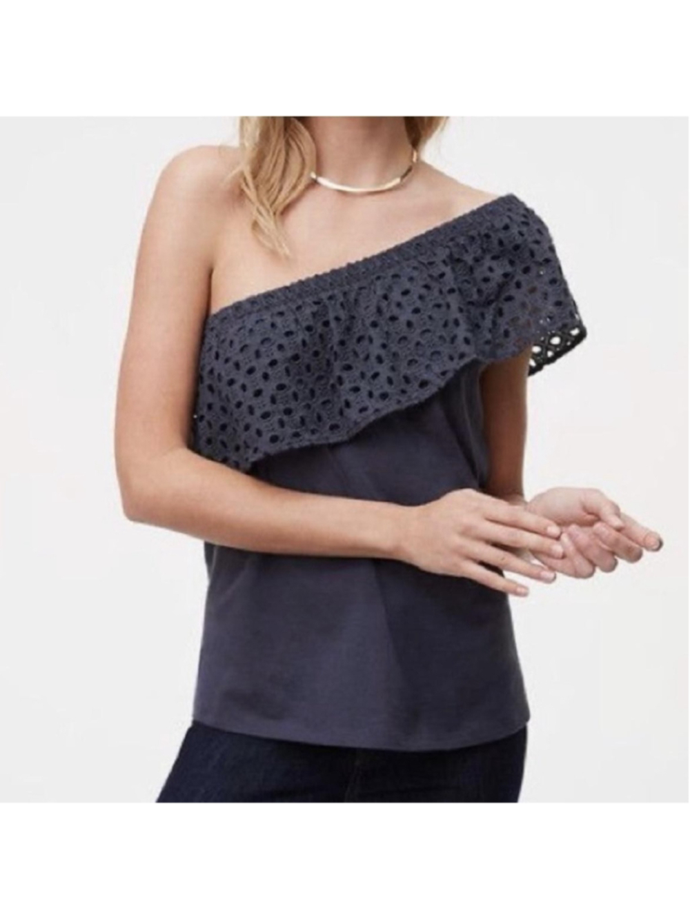 LOFT Tank Top Womens Medium Gray One Shoulder Eyelet Ruffle Jersey Cotton